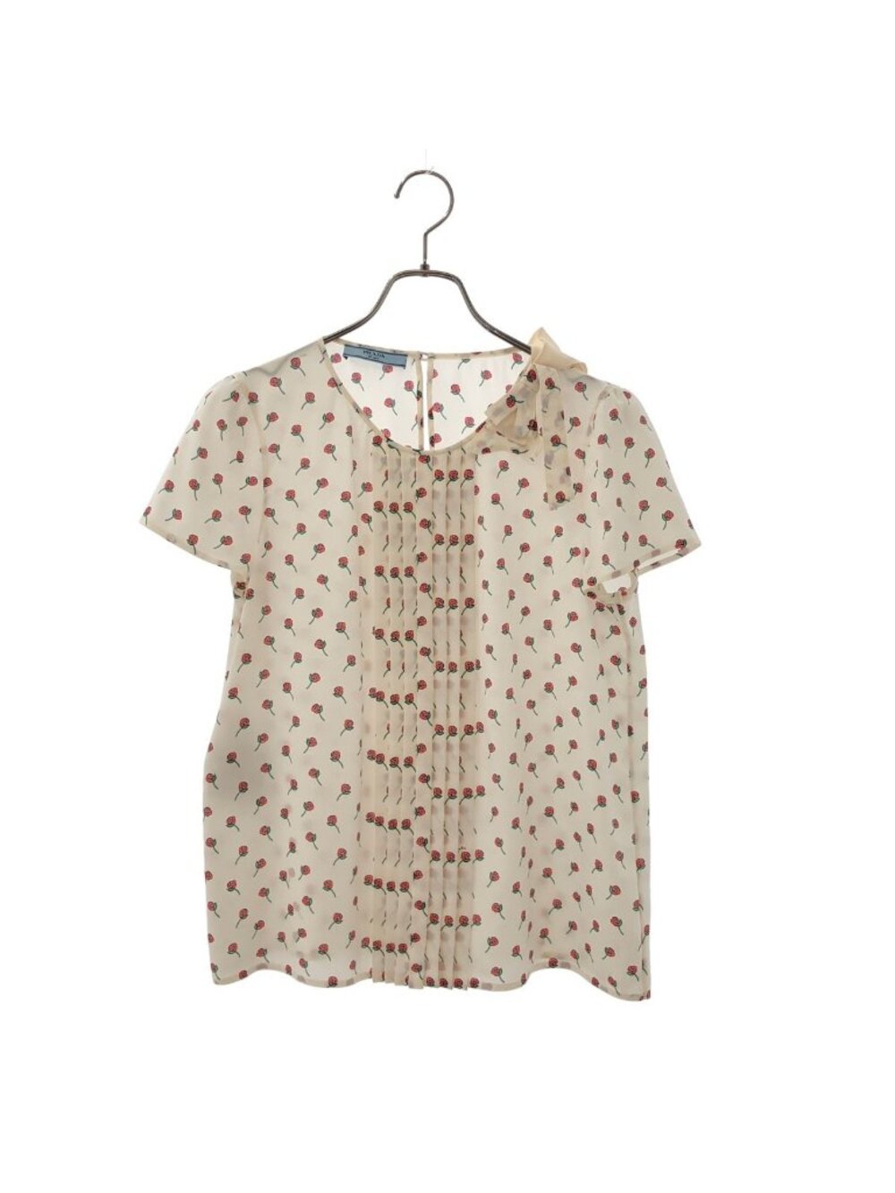 Prada Rose Print Silk Tuck Shirt Ivory Red Green 42